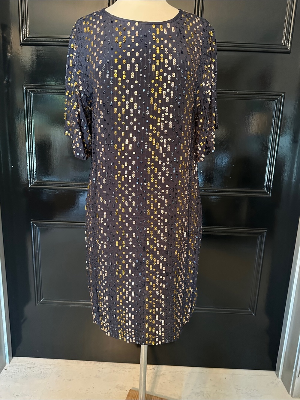 Velvet Navy Midi Dress with Gold Sequin Detail